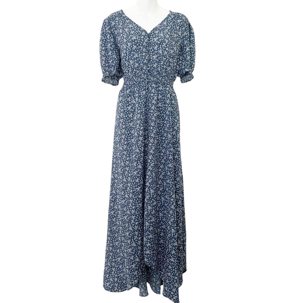 Baltic Born Robyn blue floral smocked puff sleeve smocked midi dress size XL